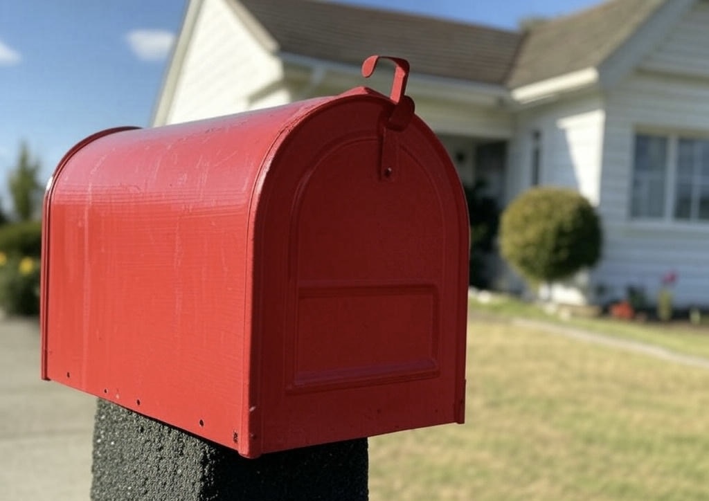 A red mailbox in front of a white single family home on a clear day.