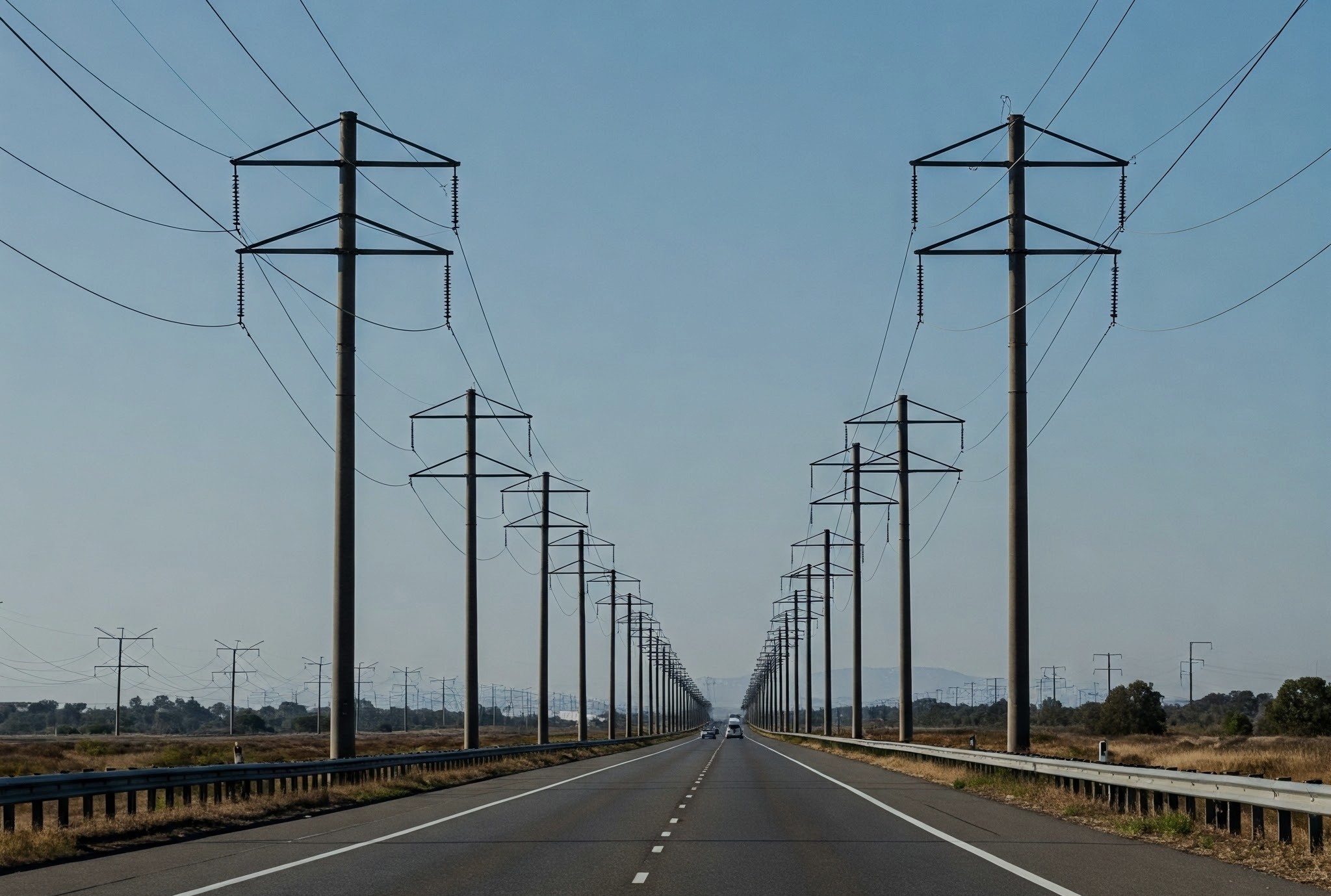 A photo of utility poles delivering electric.