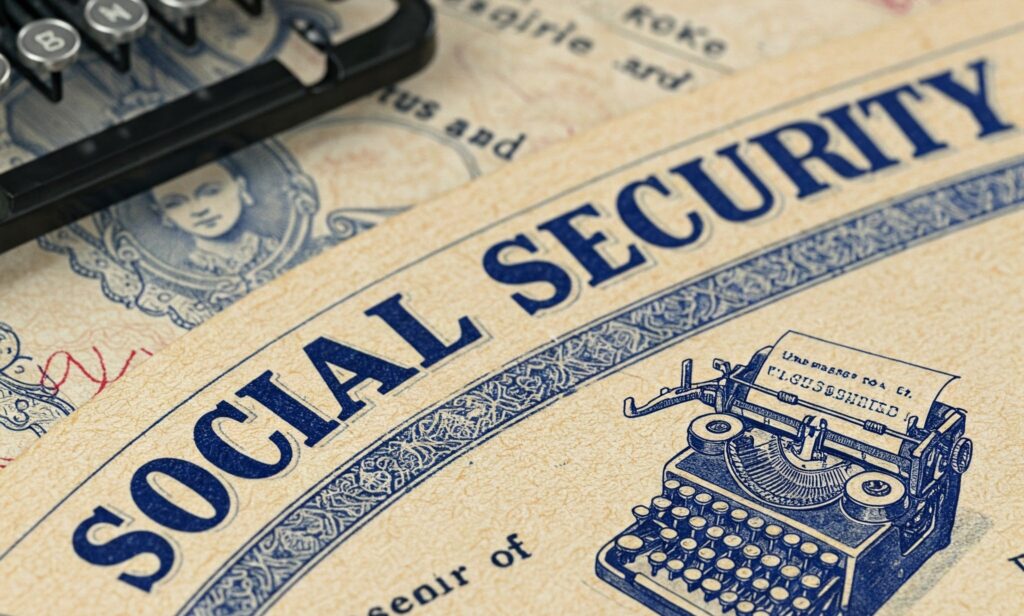 An artists rendering of the Social Security logo with a typewriter in the background.