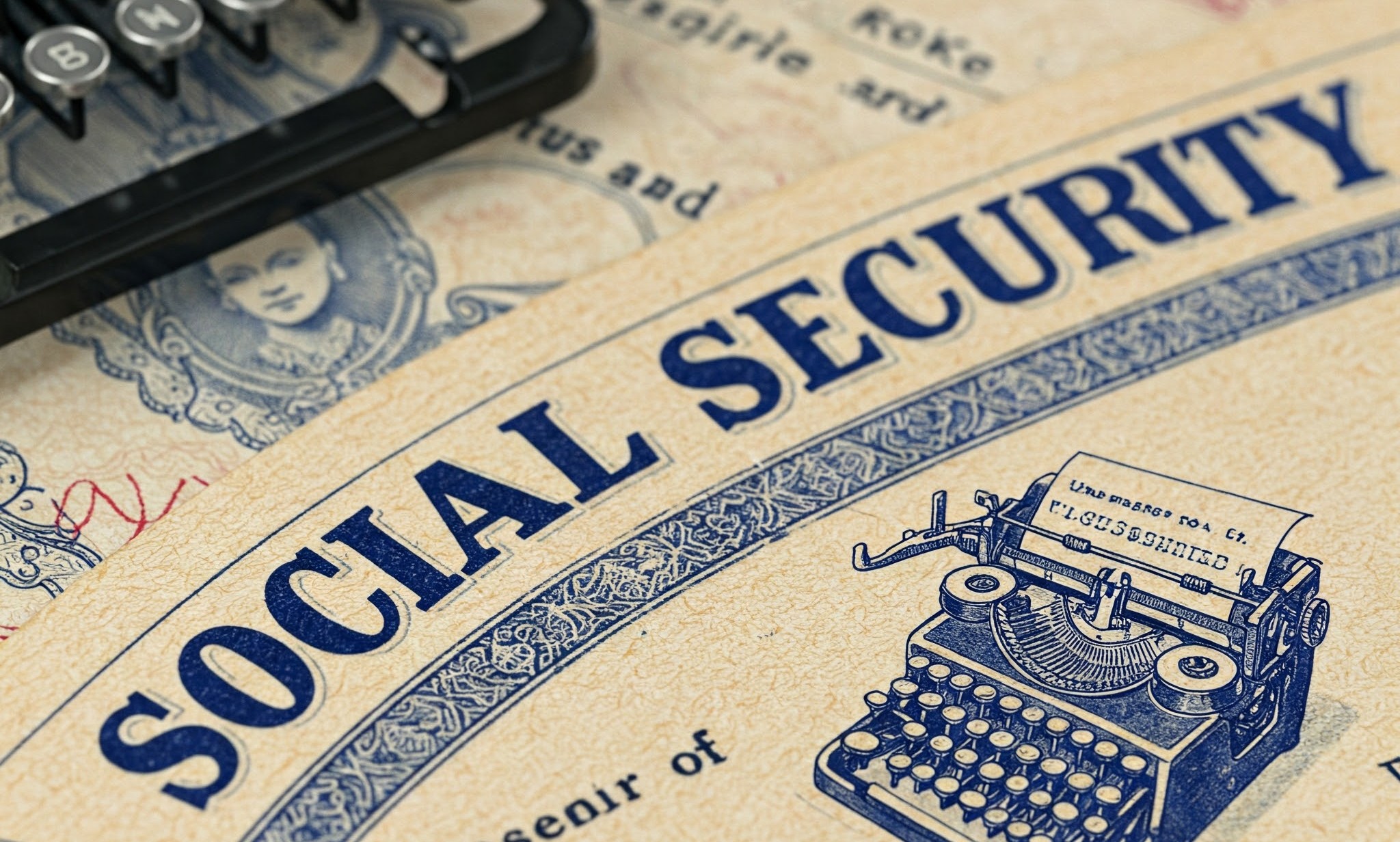 An artists rendering of the Social Security logo with a typewriter in the background.