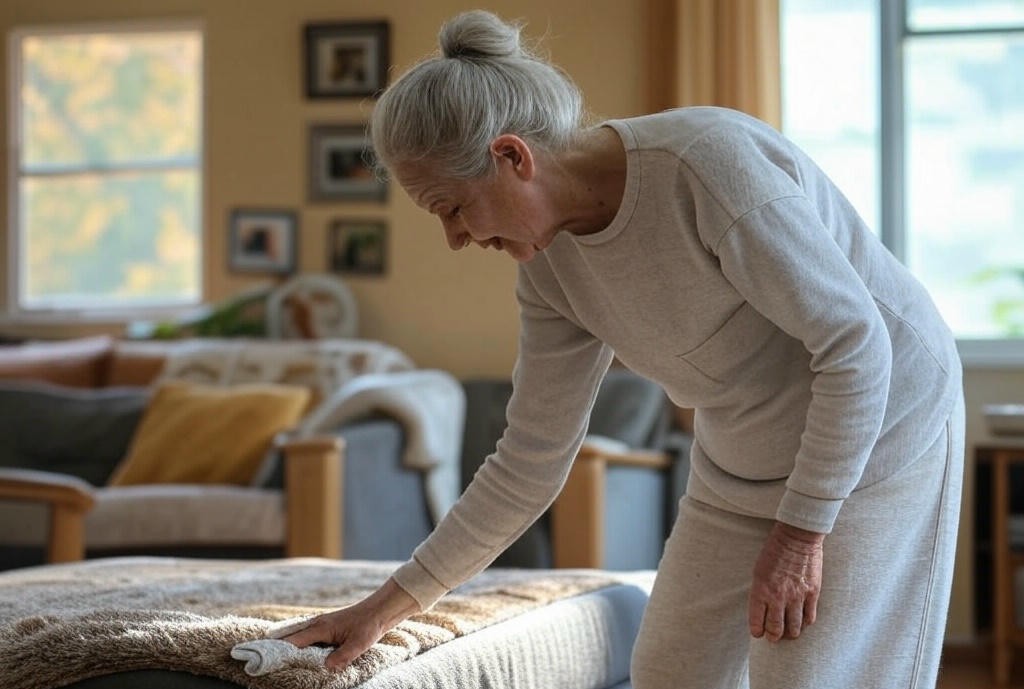 A senior gently cleans her home.