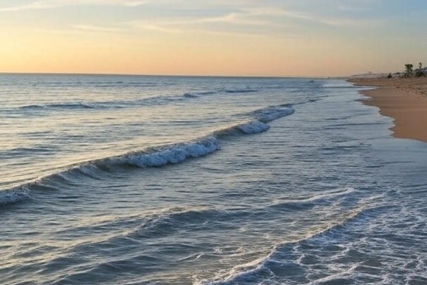 The ocean and beach at sunset