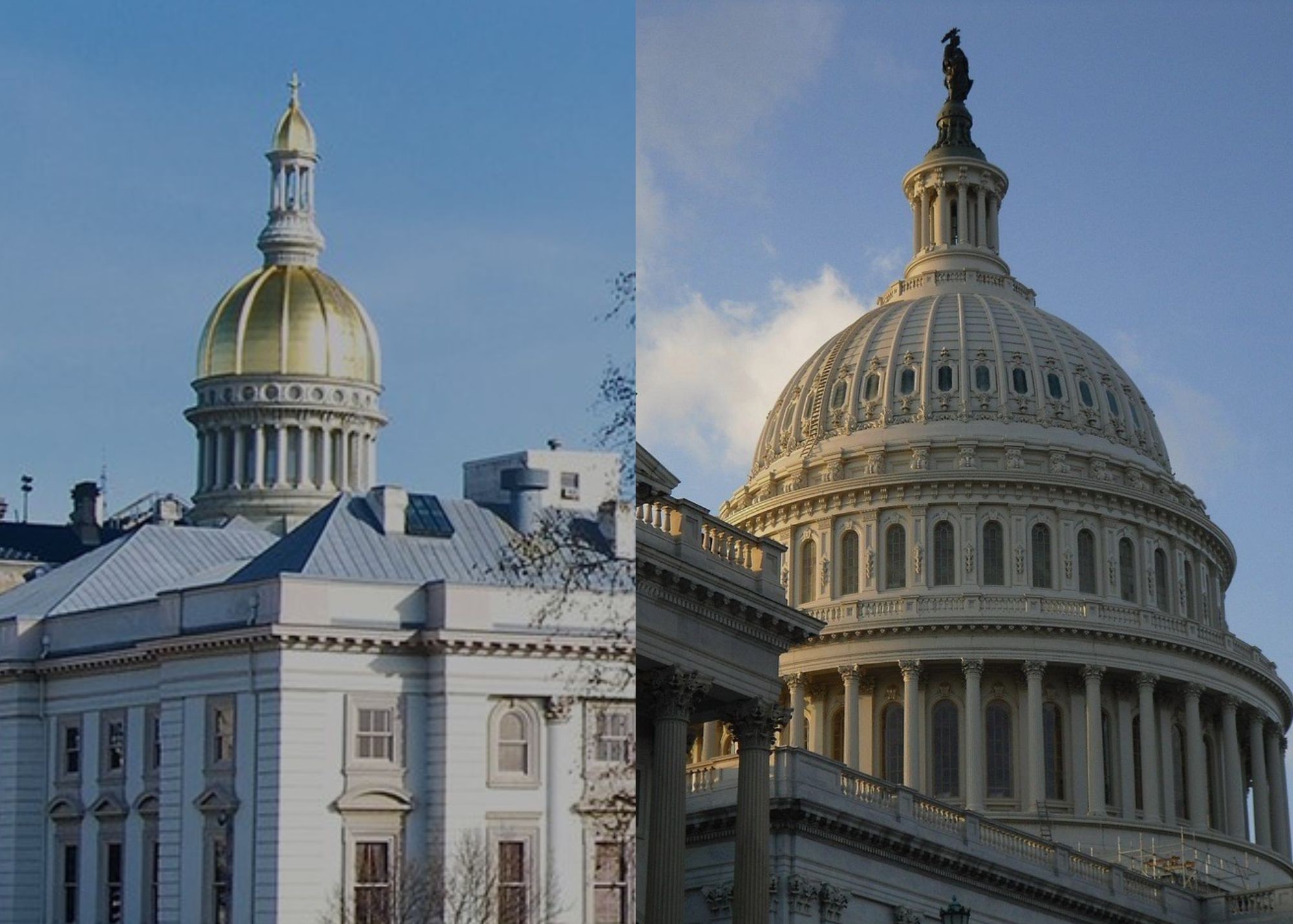 A photo of the New Jersey Statehouse and the Capitol building.