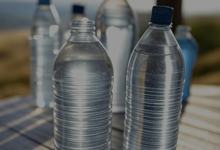 A photo of several water bottles on the table.