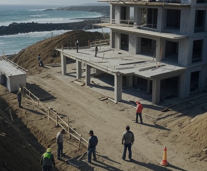 A photo of workers building a coastal home.
