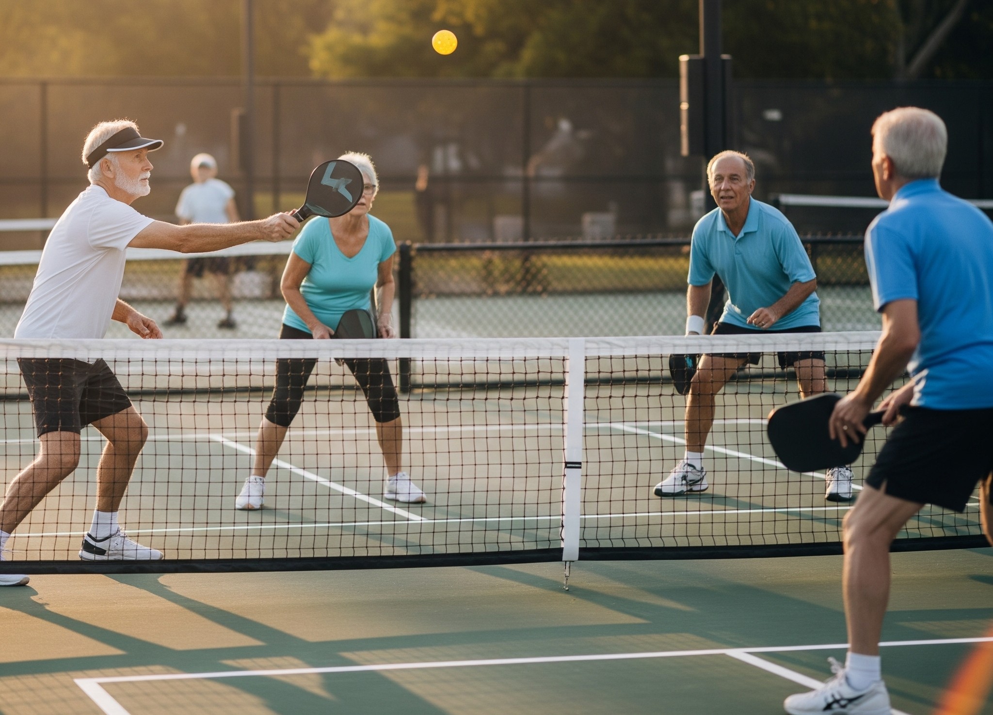 A photo of seniors enjoying pickleball.