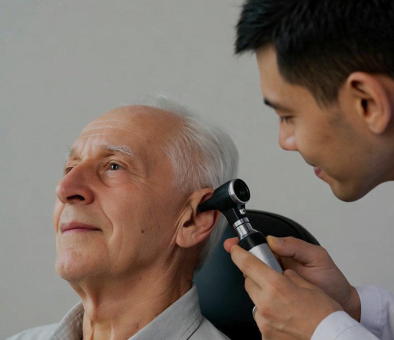 A senior gets his hearing checked.