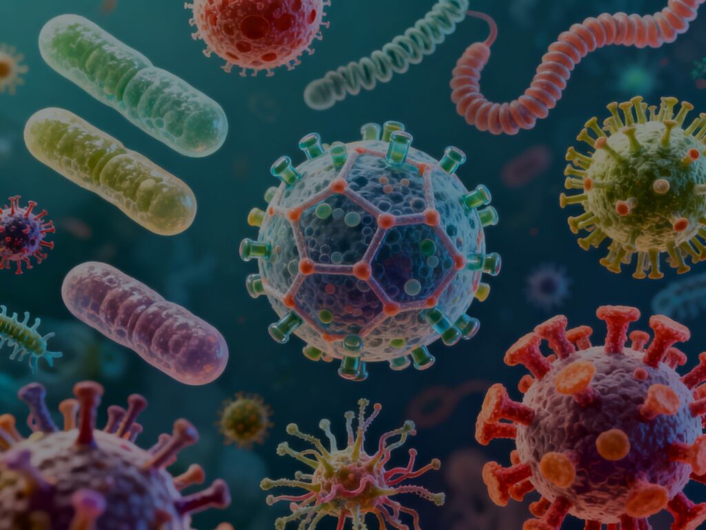 Artist rendition of viruses and germs.